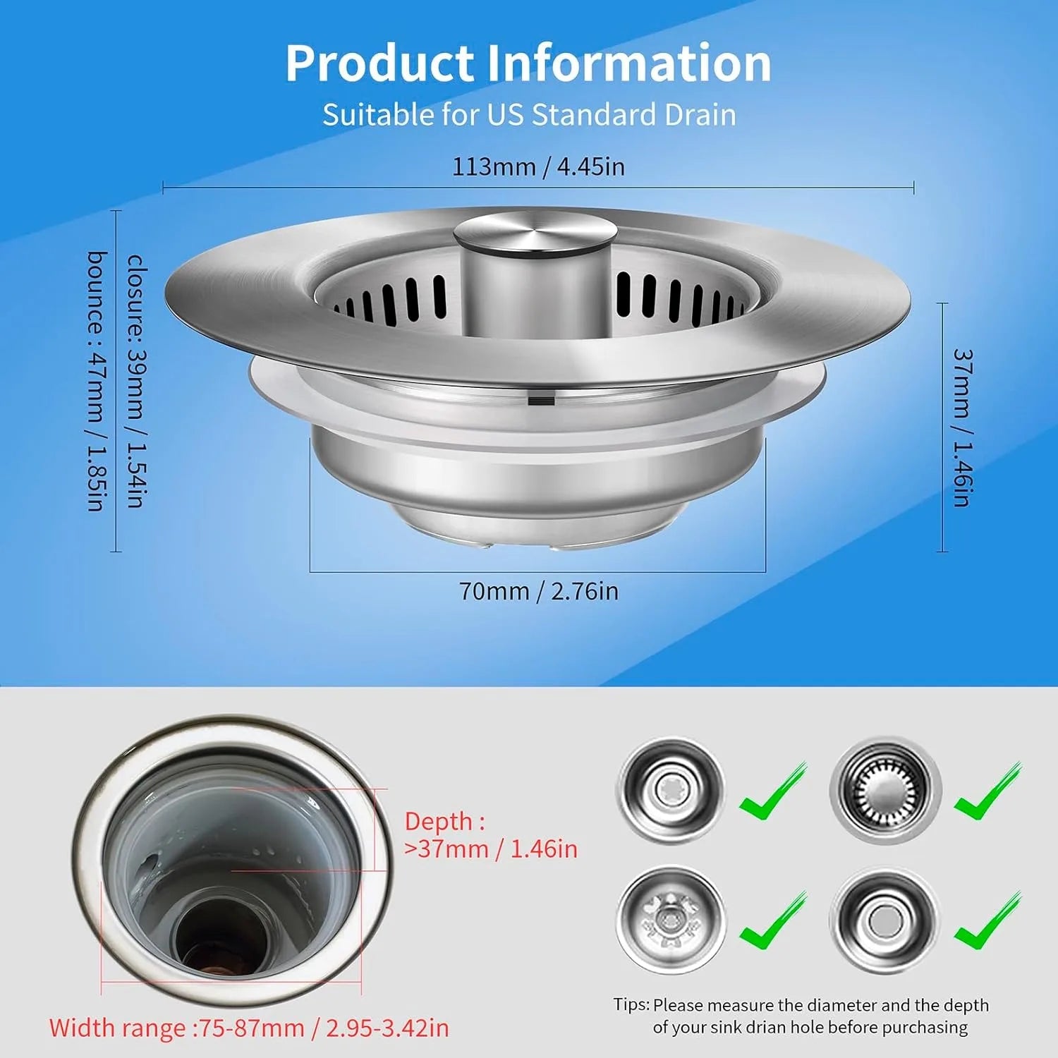 Stainless Steel Sink Drain Strainer - 3-in-1 Hygiene & Efficiency for Your Kitchen | 1+1 FREE
