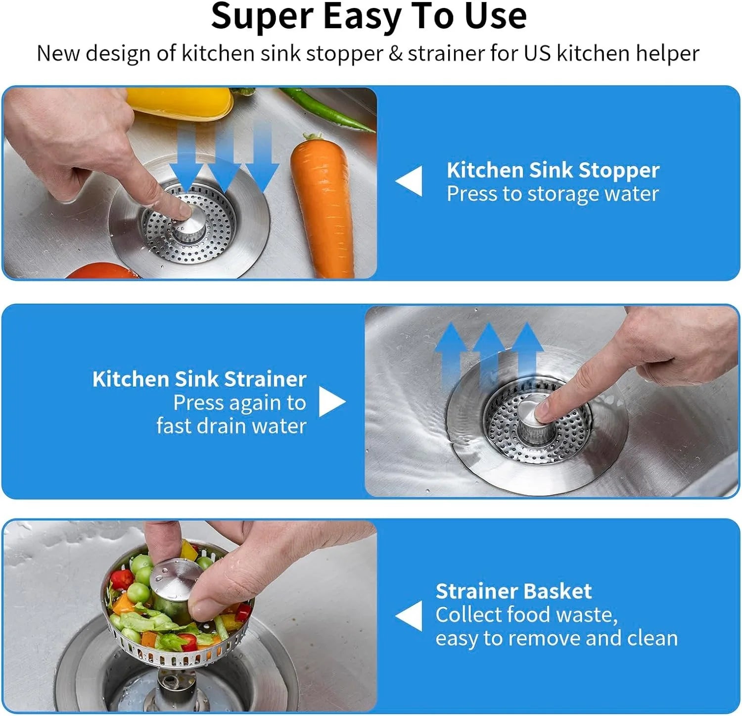 Stainless Steel Sink Drain Strainer - 3-in-1 Hygiene & Efficiency for Your Kitchen | 1+1 FREE